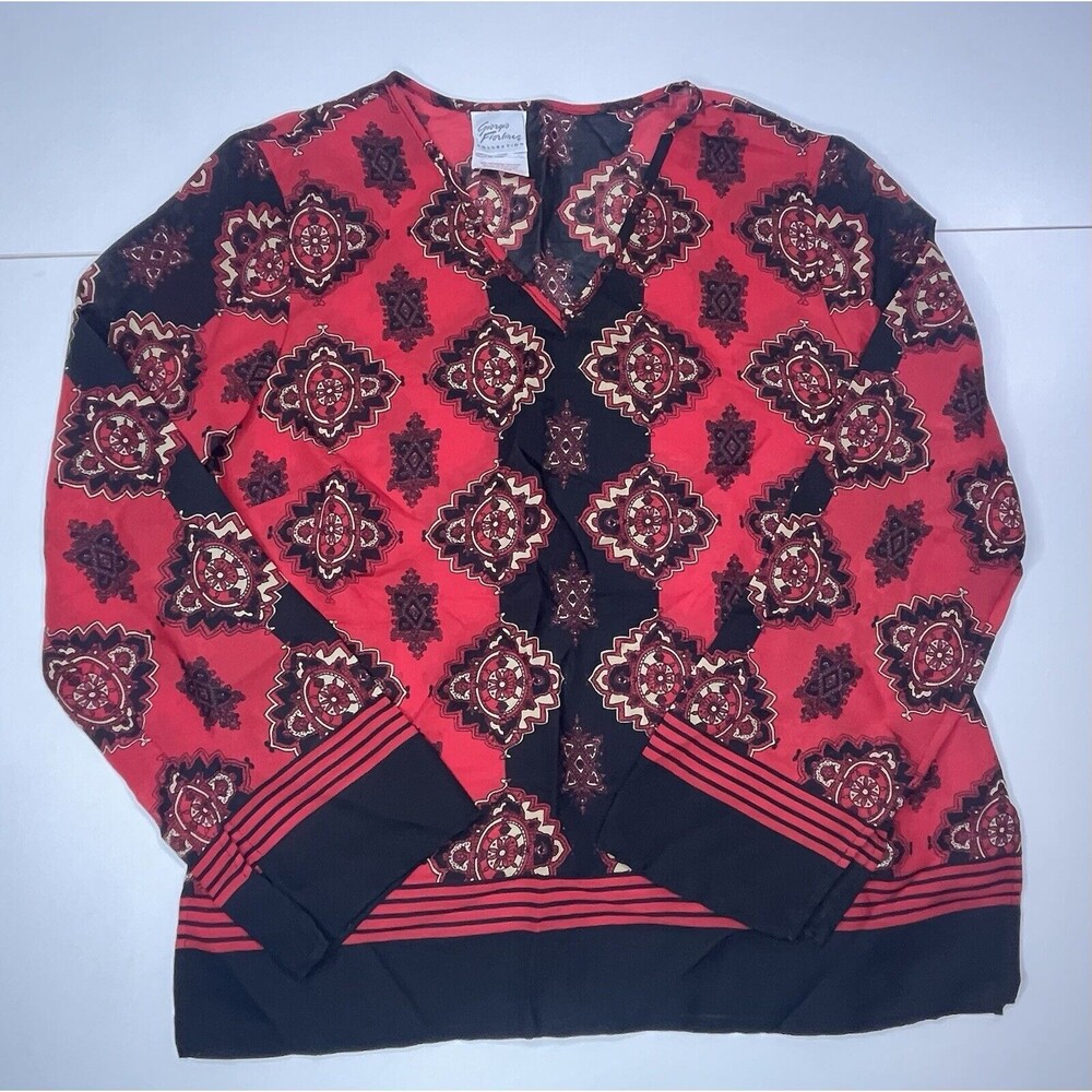 Giorgio Fiorlini Women's Sheer V-Neck Printed Top Vintage Large